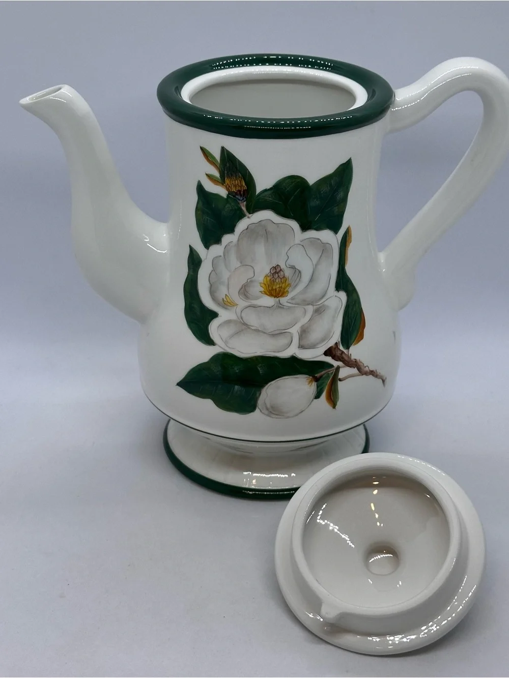 Vintage Flowers Inc. Balloons Hand Painted Magnolia Teapot White Green 8.5